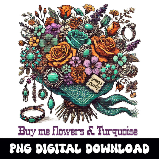 Western cowgirl flowers and turquoise bouquet png file for sublimation and dtf