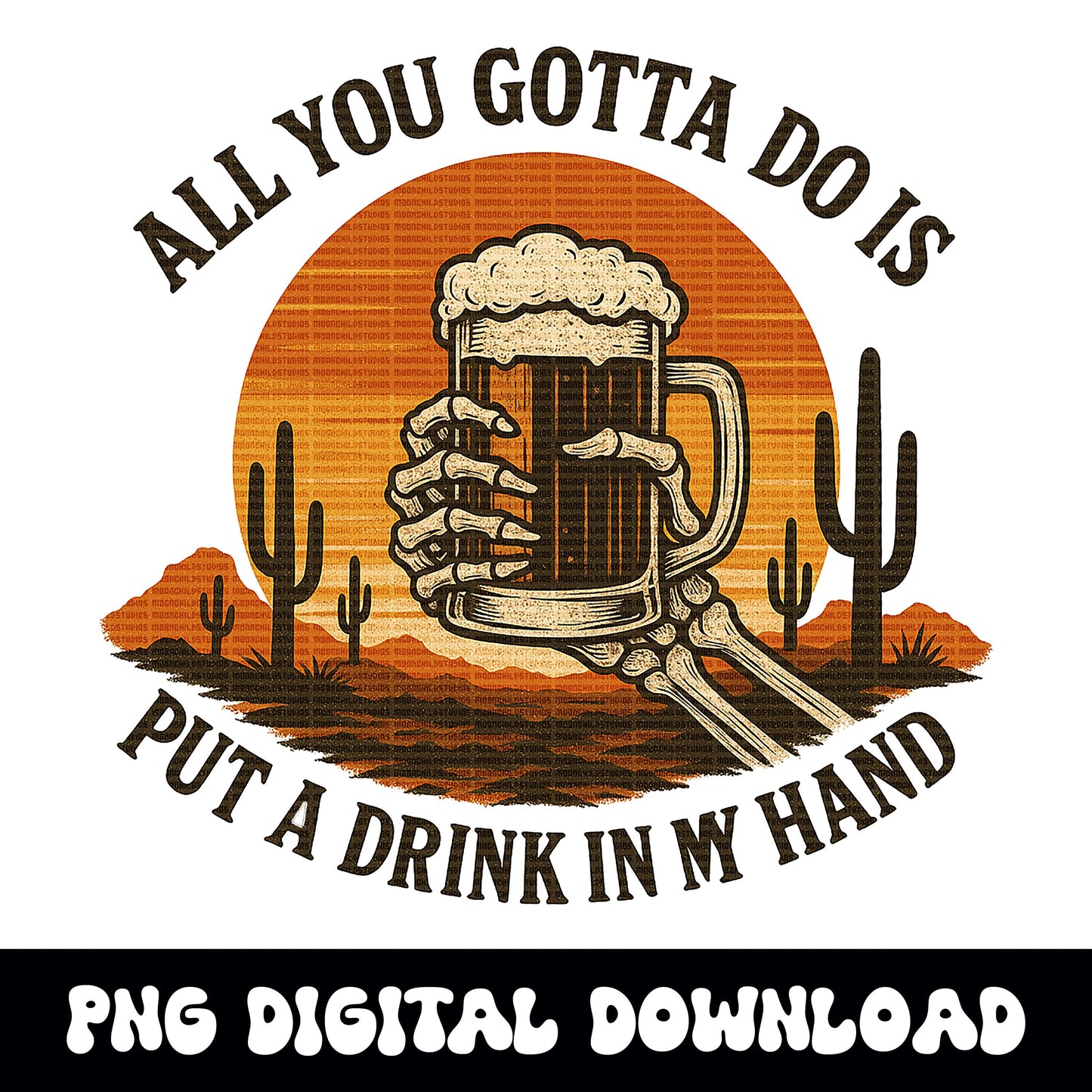 Western skeleton desert beer png graphic digital download for tshirt sublimation or dtf