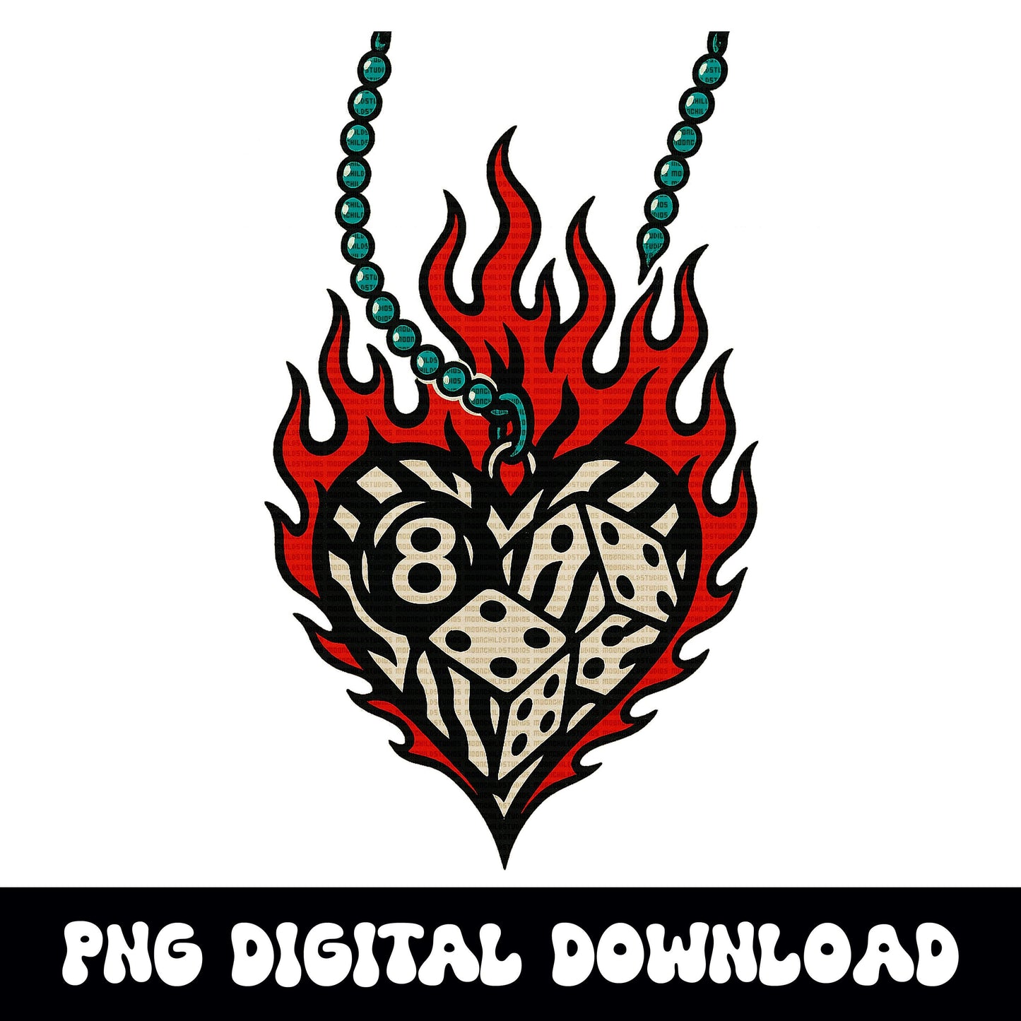 8 Ball Flame Heart PNG | Flaming Dice Heart Design | Gambling Retro DTF & Sublimation Download