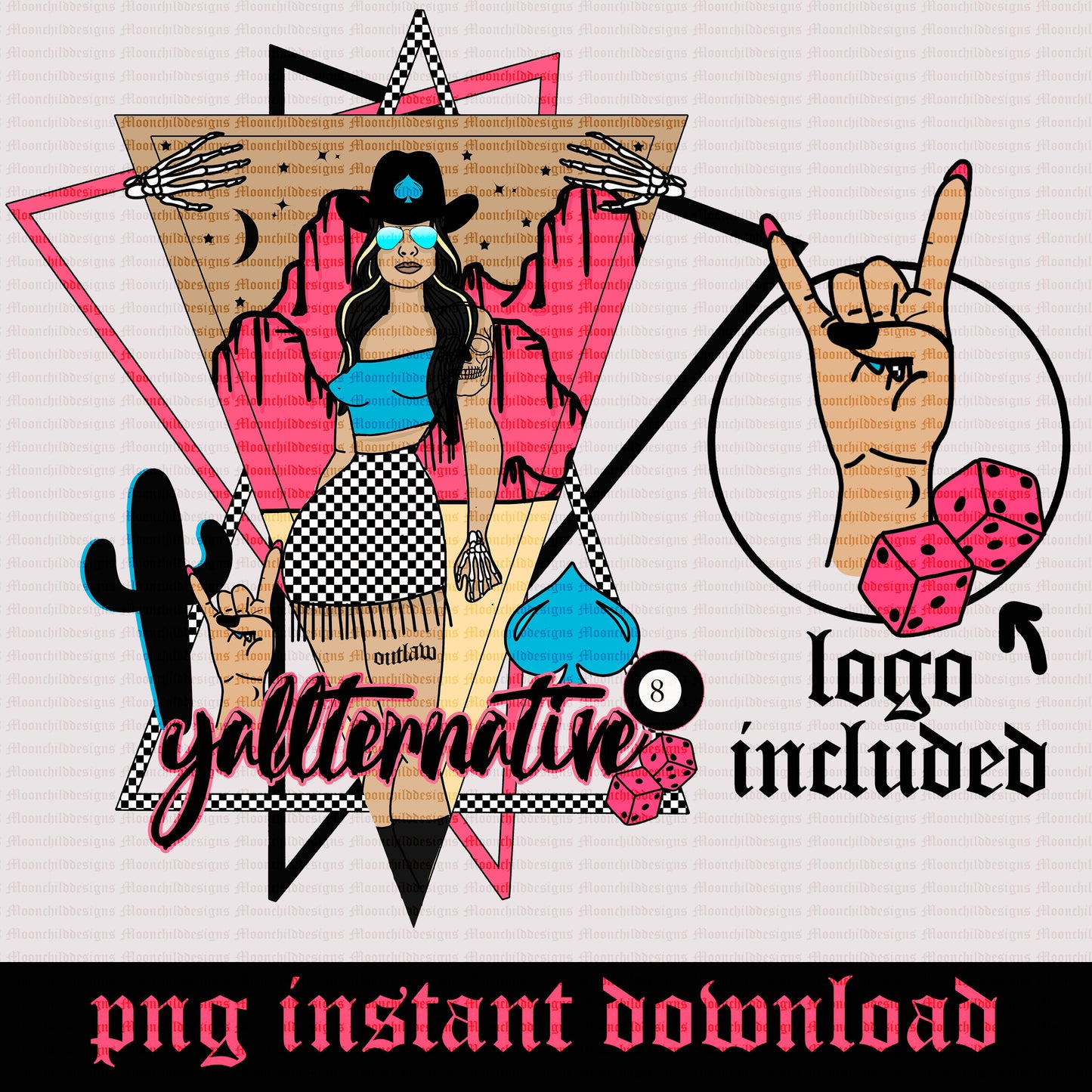 Yallternative Pink Wild west cowgirl Png Rock and Roll design png Punchy Cactus Desert western shirt design Dice 8 ball Spade Retro Skulls