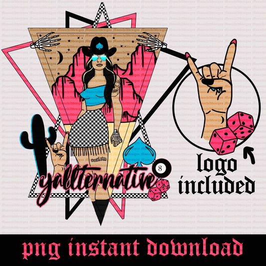 Yallternative Pink Wild west cowgirl Png Rock and Roll design png Punchy Cactus Desert western shirt design Dice 8 ball Spade Retro Skulls