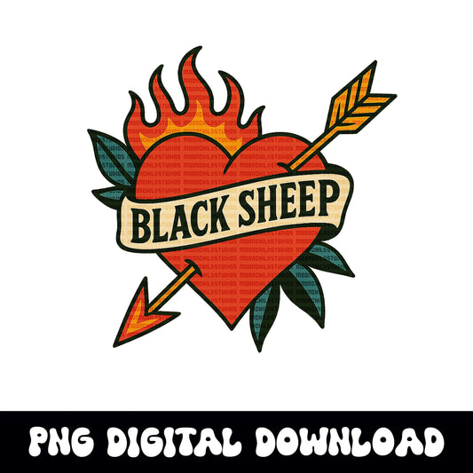 edgy flaming heart black sheep PNG graphic INSTANT digital download for tshirt sublimation or dtf