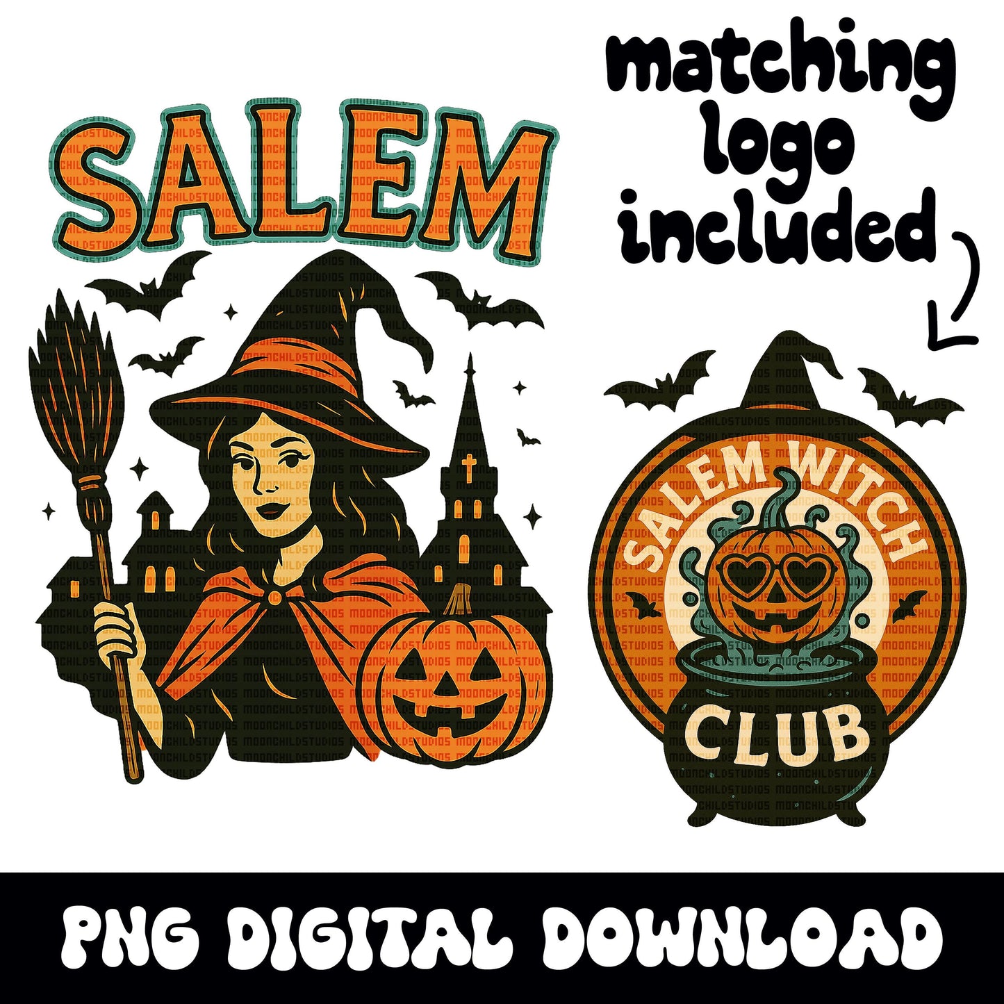 Halloween salem witch PNG graphic with matching pumpkin logo INSTANT digital downloads for tshirt sublimation or dtf