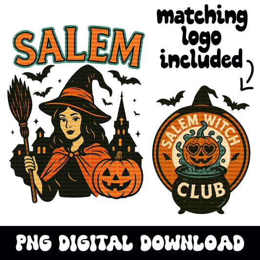 Halloween salem witch PNG graphic with matching pumpkin logo INSTANT digital downloads for tshirt sublimation or dtf