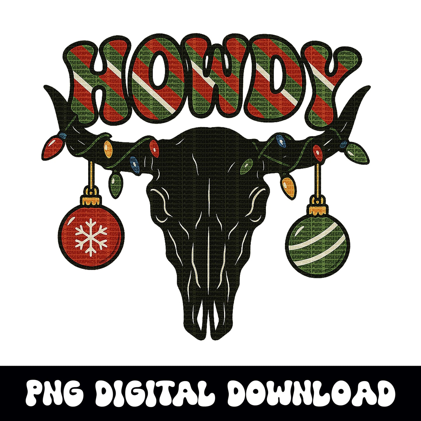 Western Christmas ornament and lights bull skull PNG graphic INSTANT digital download for tshirt sublimation or dtf