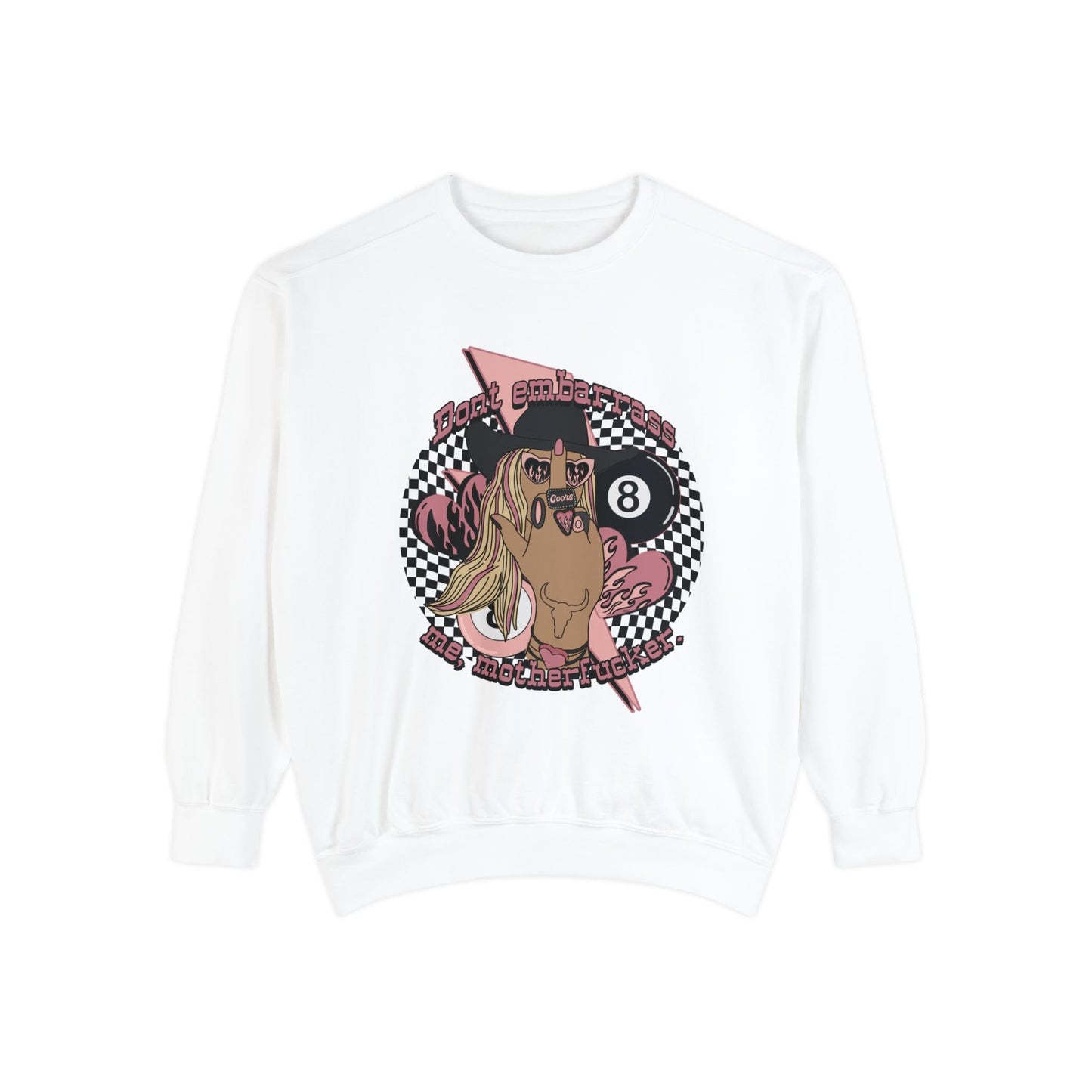 Dont Embarrass me pink cowgirl 8 ball trendy checkered flaming heart lightning bolt Png graphic