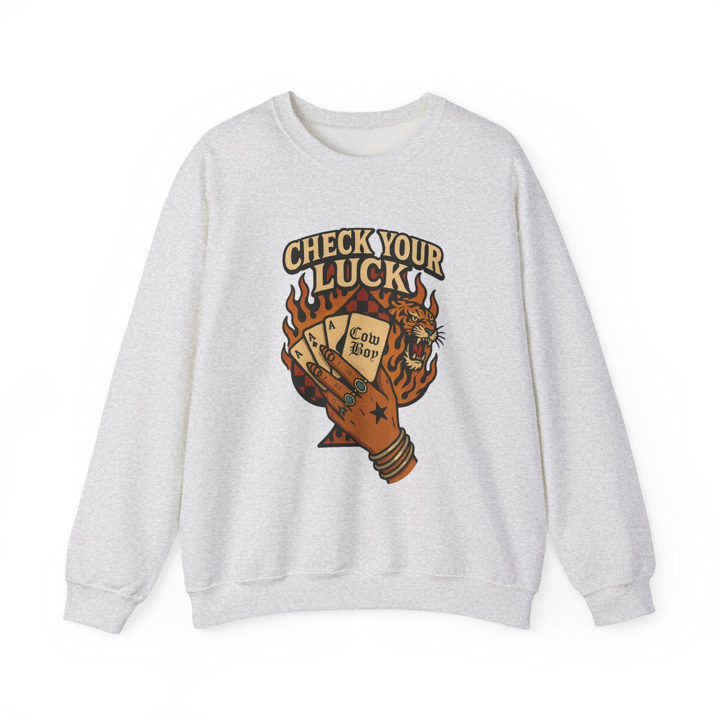 Western "check your luck, cowboy" flaming spade tiger yallternative PNG graphic INSTANT digital download for tshirt sublimation or dtf