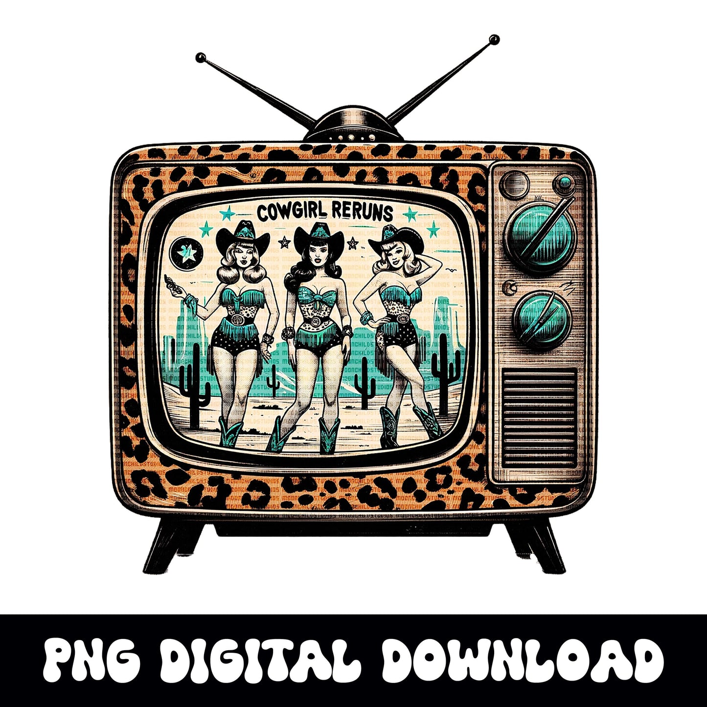 Western pinup Cowgirl reruns retro vintage cheetah print tv png graphic digital download for sublimation or dtf
