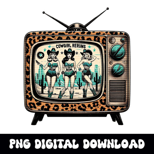 Western pinup Cowgirl reruns retro vintage cheetah print tv png graphic digital download for sublimation or dtf