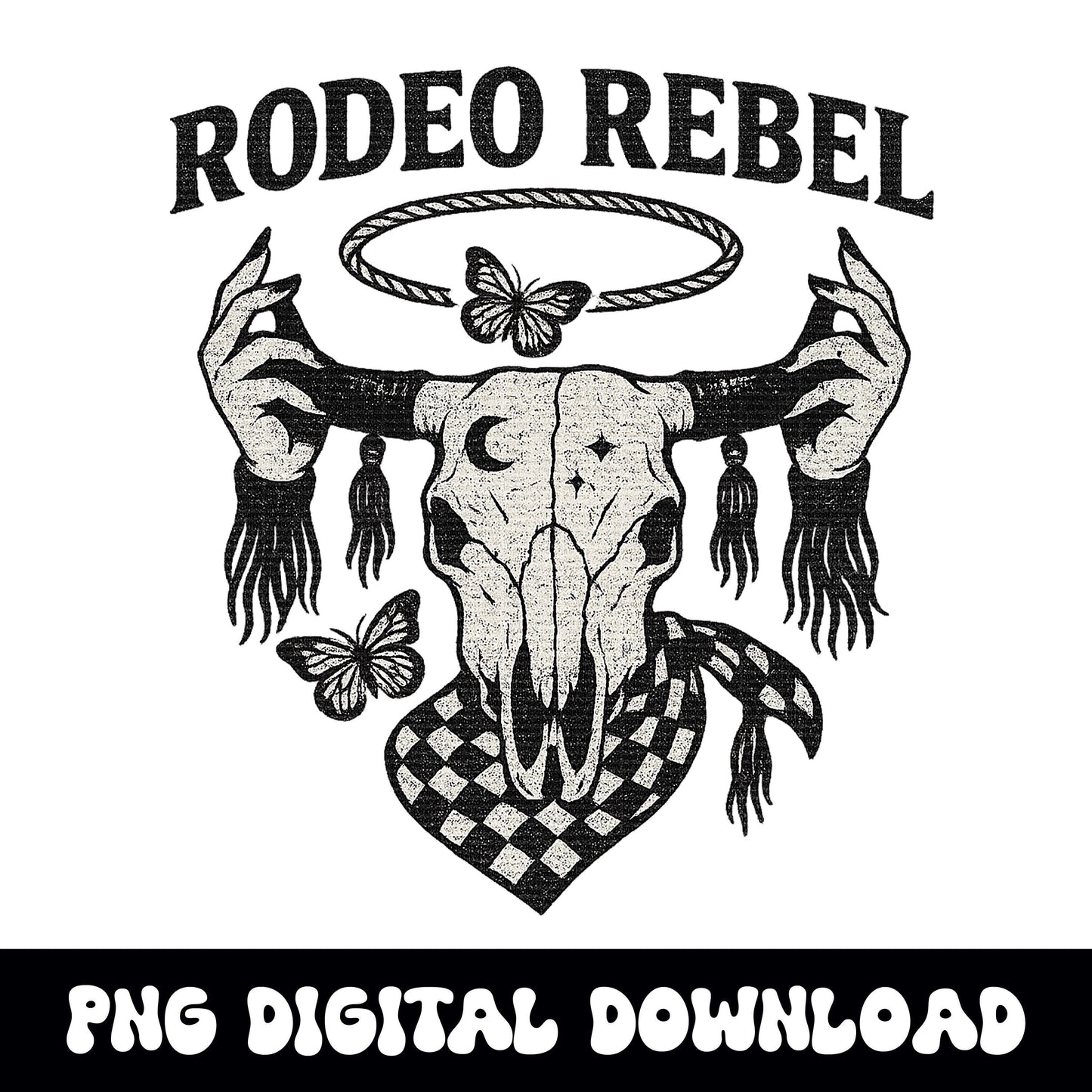 Western rodeo rebel bull skull butterfly cowgirl png graphic INSTANT digital download for tshirt sublimation or dtf
