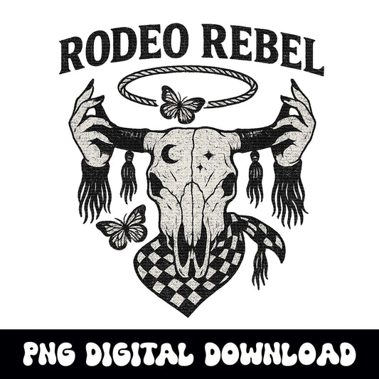 Western rodeo rebel bull skull butterfly cowgirl png graphic INSTANT digital download for tshirt sublimation or dtf