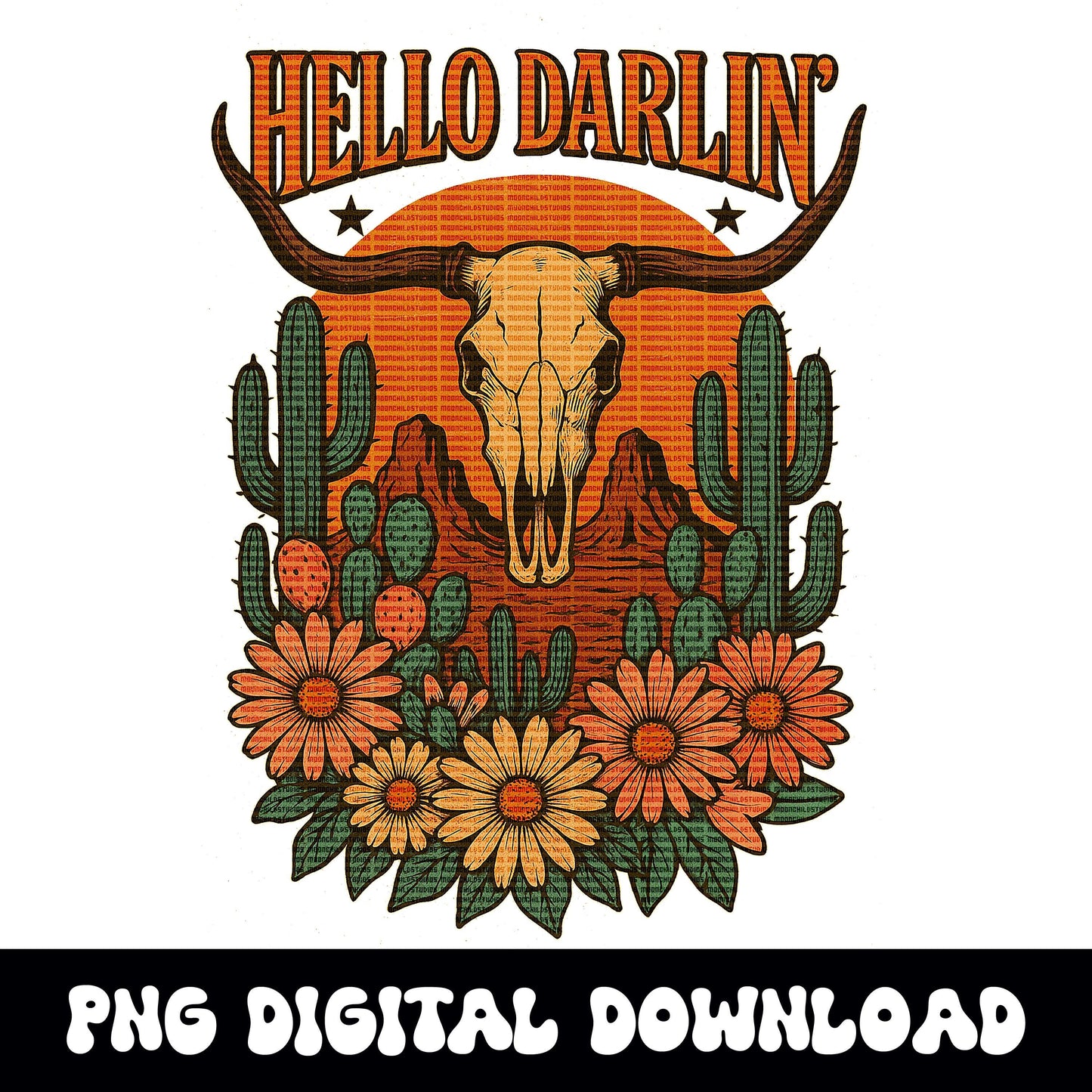 Western "hello darlin" bull skull floral desert png graphic digital download for tshirt sublimation or dtf