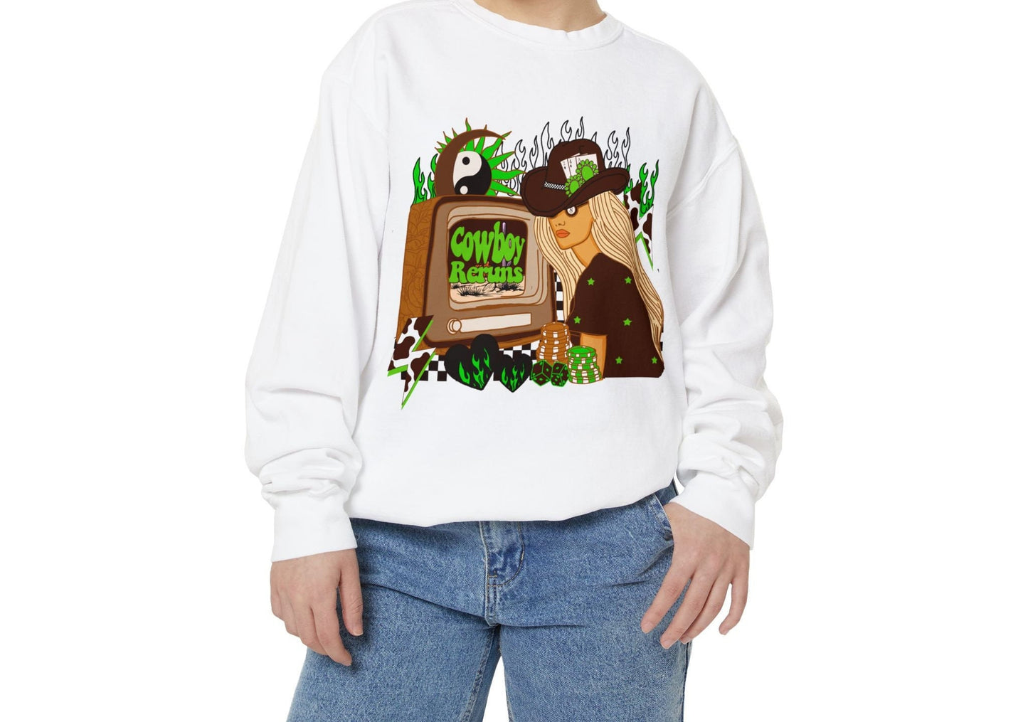 Cowboy reruns Retro western graphic trendy checkered flames turquoise celestial flaming hearts cowprint lightning bolt png instant download