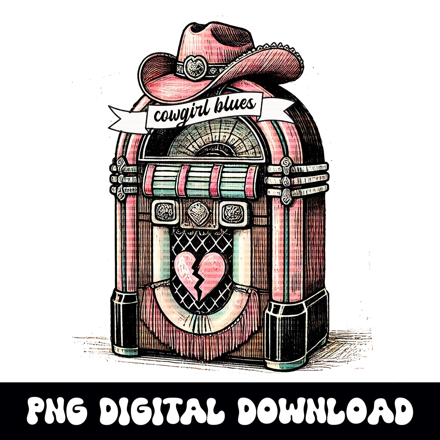 Western broken hearted cowgirl jukebox png graphic for sublimation or dtf