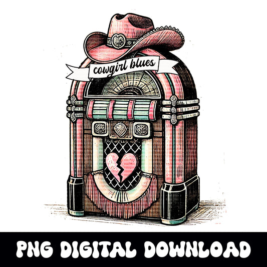 Western broken hearted cowgirl jukebox png graphic for sublimation or dtf
