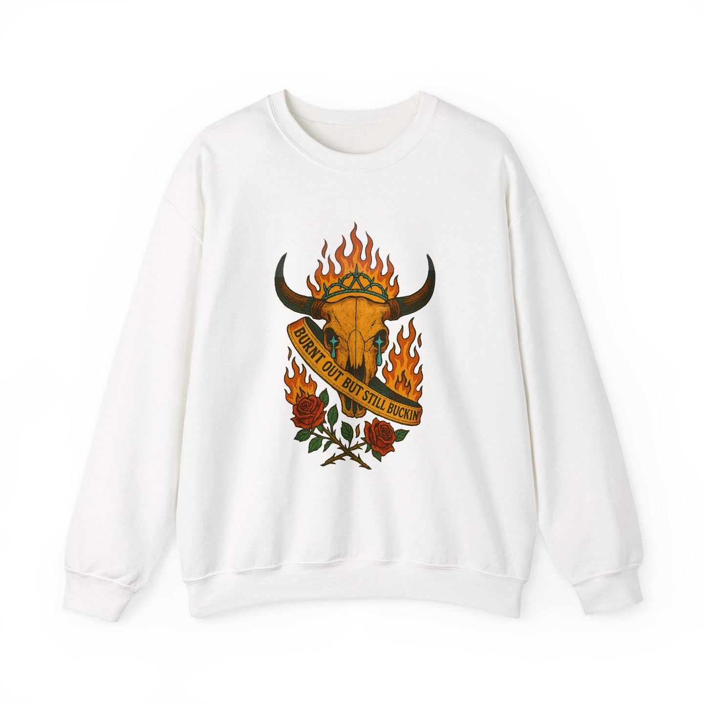 Edgy Western pageant flaming bull skull "burnt out but still buckin" png graphic INSTANT digital download for tshirt sublimation or dtf