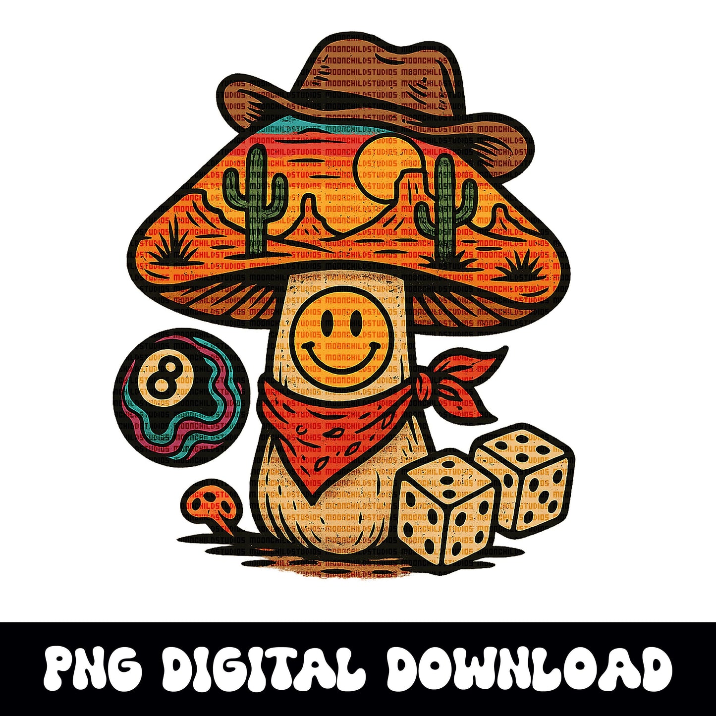 Trippy western desert smiley mushroom 8ball dice PNG graphic INSTANT digital download for tshirt sublimation or dtf