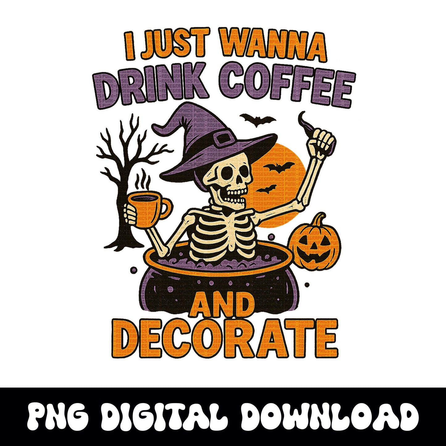 coffee skeleton witch fall PNG graphic INSTANT digital download for tshirt sublimation or dtf