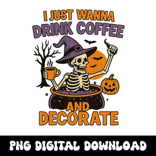 coffee skeleton witch fall PNG graphic INSTANT digital download for tshirt sublimation or dtf
