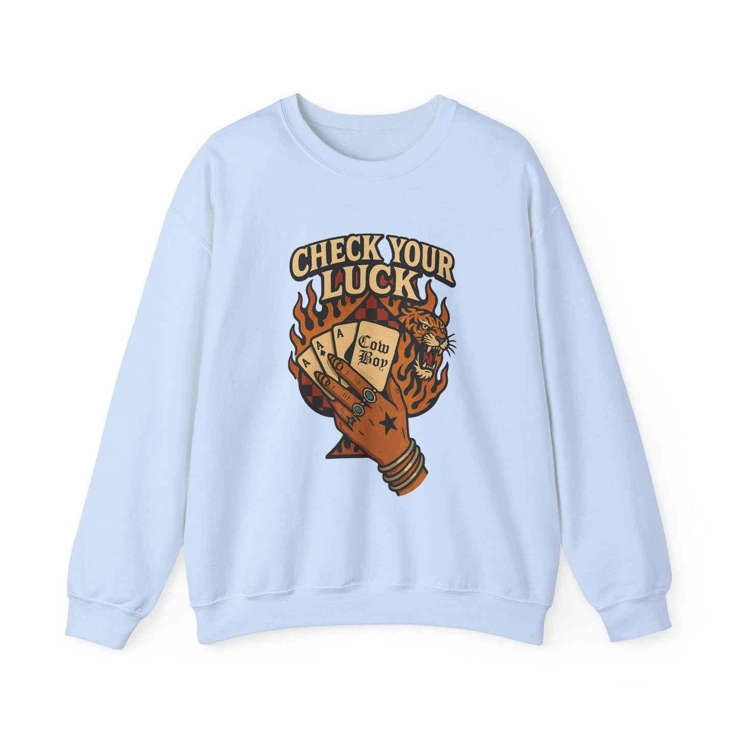 Western "check your luck, cowboy" flaming spade tiger yallternative PNG graphic INSTANT digital download for tshirt sublimation or dtf