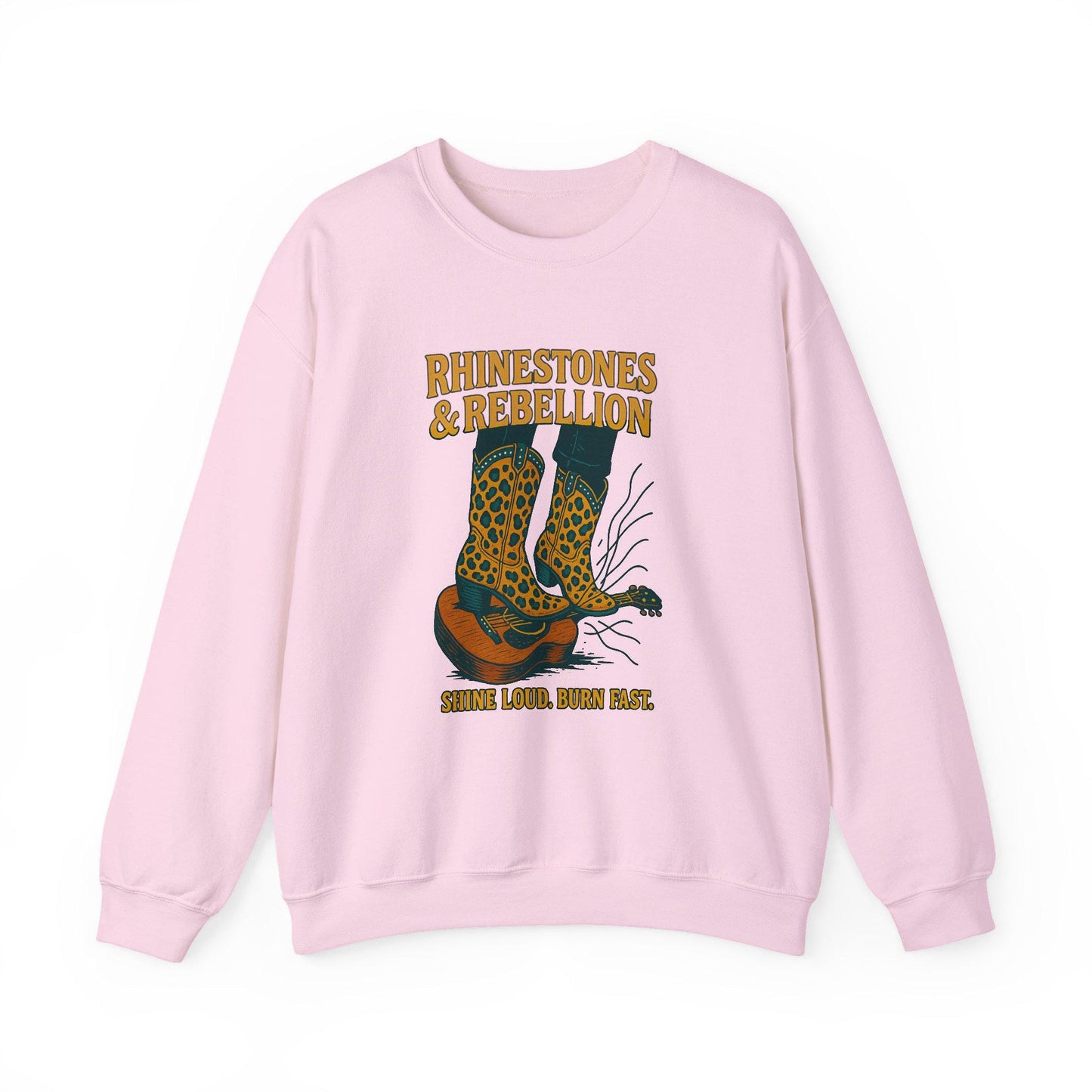 Western "Rhinestones & rebellion" cheetah print cowgirl boots and guitar PNG graphic INSTANT digital download for tshirt sublimation or dtf