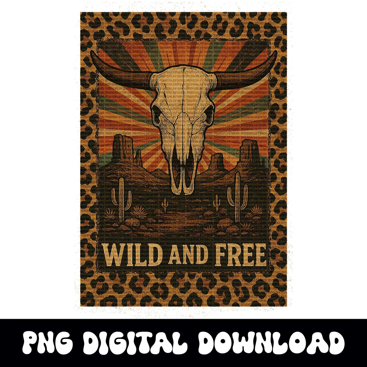 Western wild and free bull skull desert sunburst cheetah print png graphic digital download for tshirt sublimation or dtf