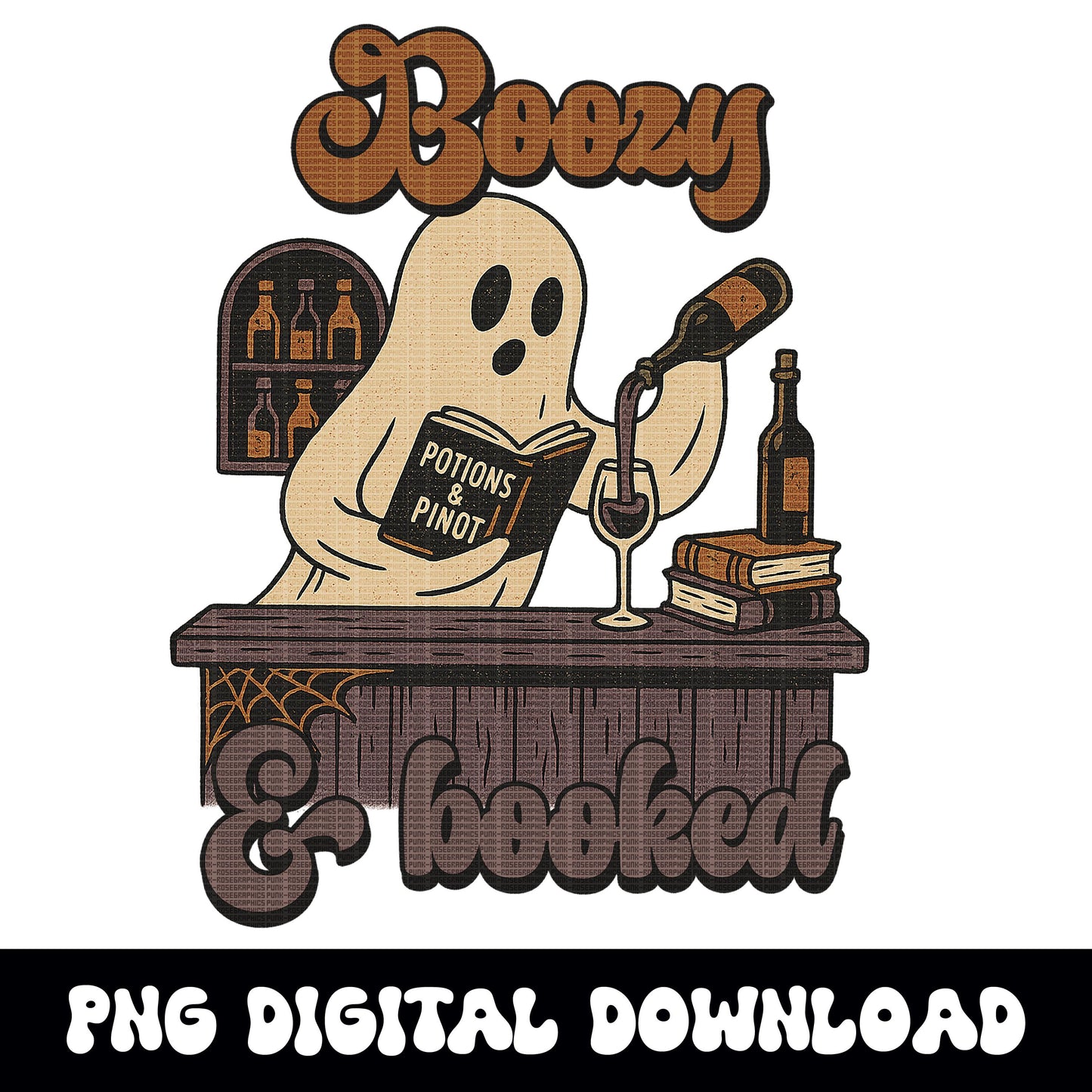 Vintage halloween "boozy & booked" ghost bar PNG graphic INSTANT digital download for tshirt sublimation or dtf