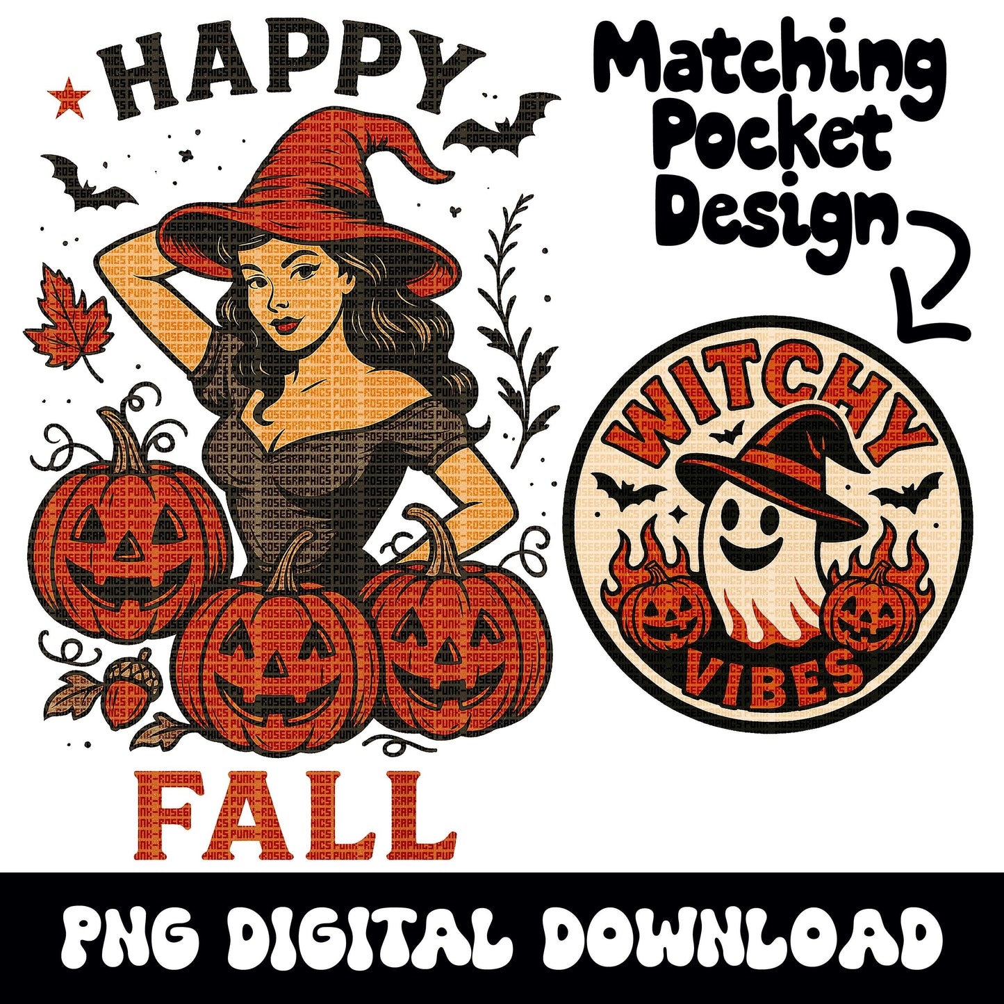 Vintage halloween/fall pinup witch PNG graphic INSTANT digital download for tshirt sublimation or dtf
