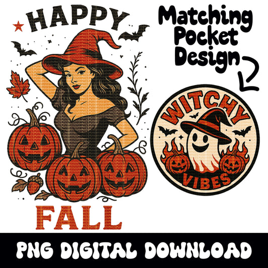 Vintage halloween/fall pinup witch PNG graphic INSTANT digital download for tshirt sublimation or dtf