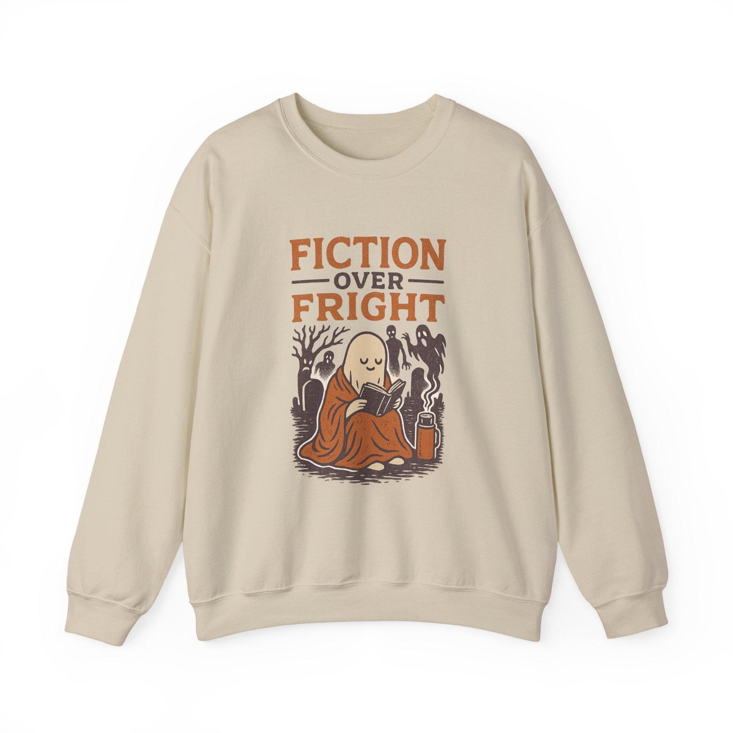 Vintage halloween "fiction over fright" spooky ghost with book graveyard PNG graphic digital download for tshirt sublimation or dtf