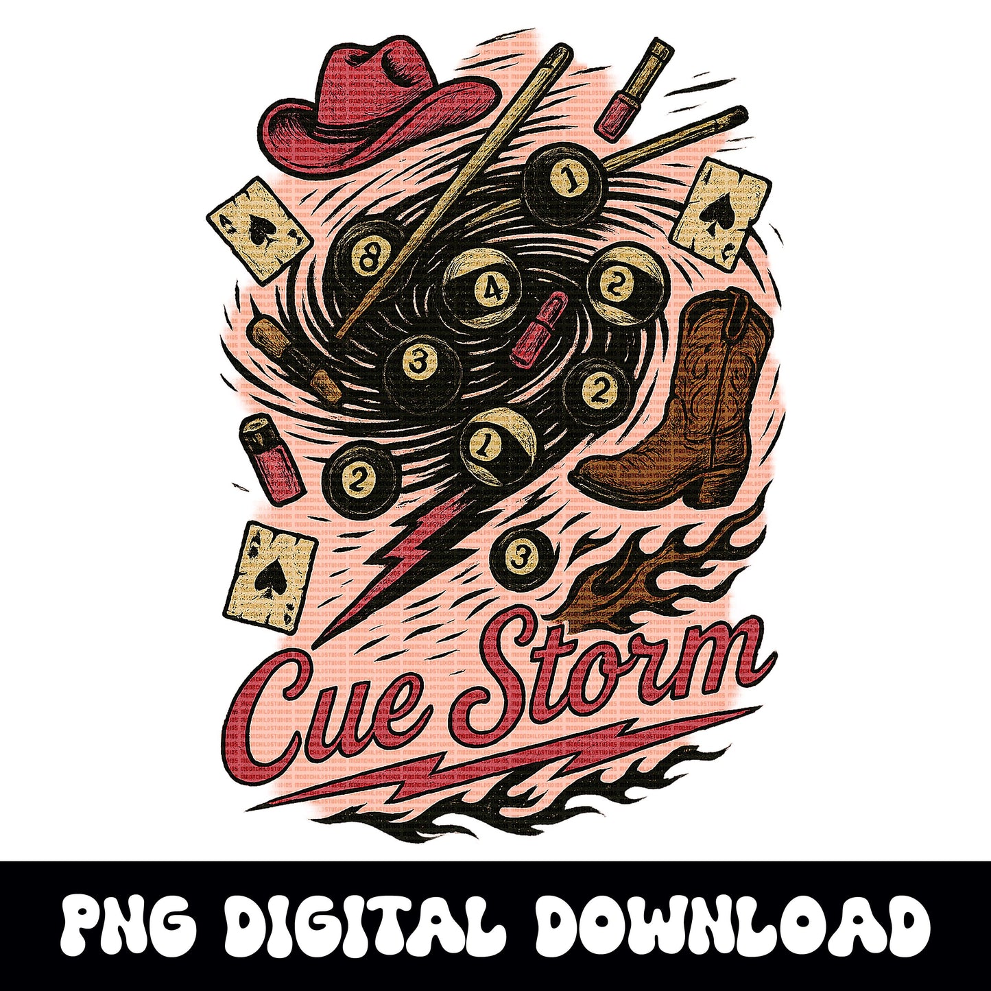 Western "cue storm" cowgirl boot and hat cards pool balls lightning bolt png graphic digital download for tshirt sublimation or dtf