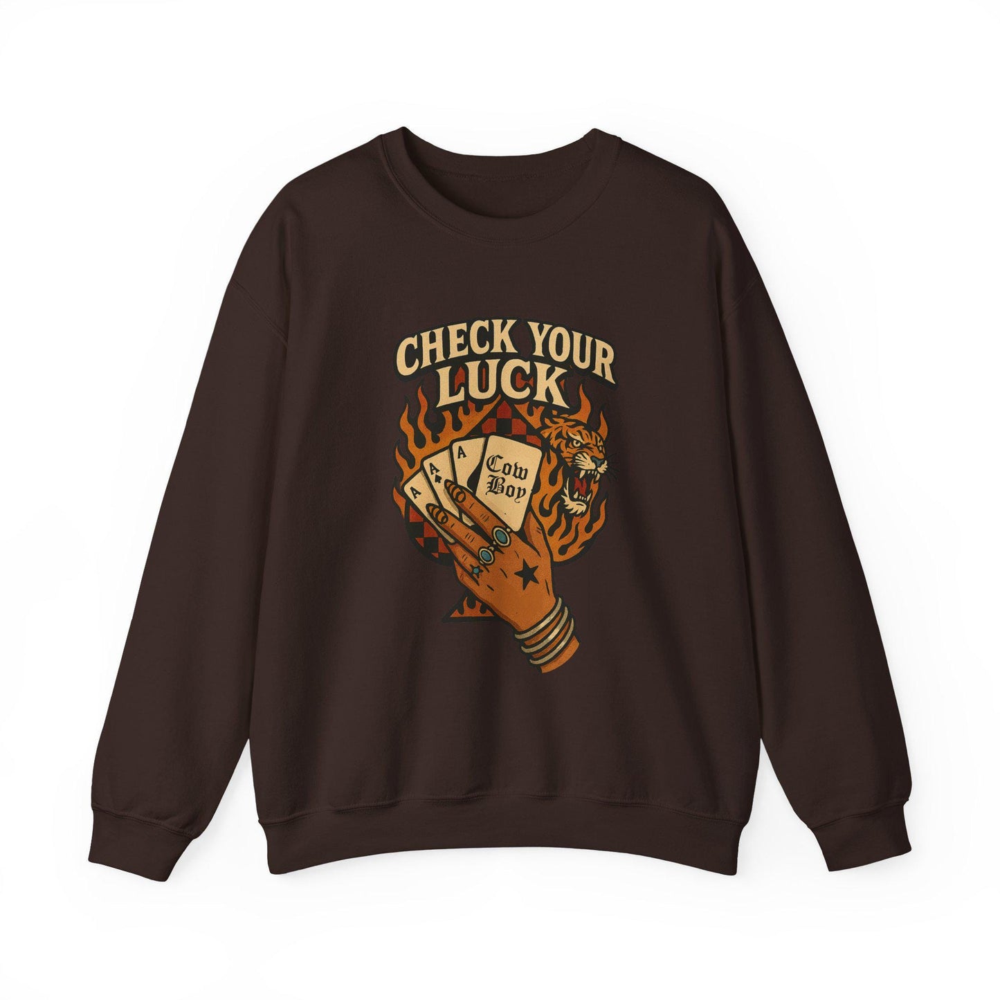 Western "check your luck, cowboy" flaming spade tiger yallternative PNG graphic INSTANT digital download for tshirt sublimation or dtf