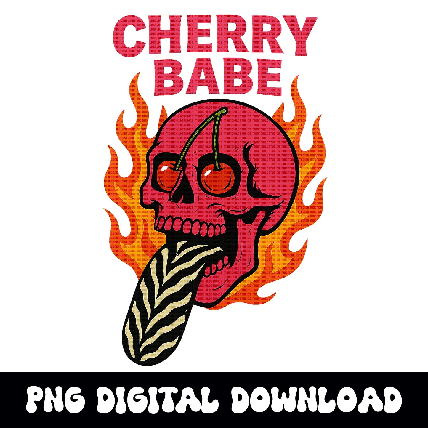 Edgy Cherry babe pink flaming skull zebra tongue PNG graphic INSTANT digital download for tshirt sublimation or dtf