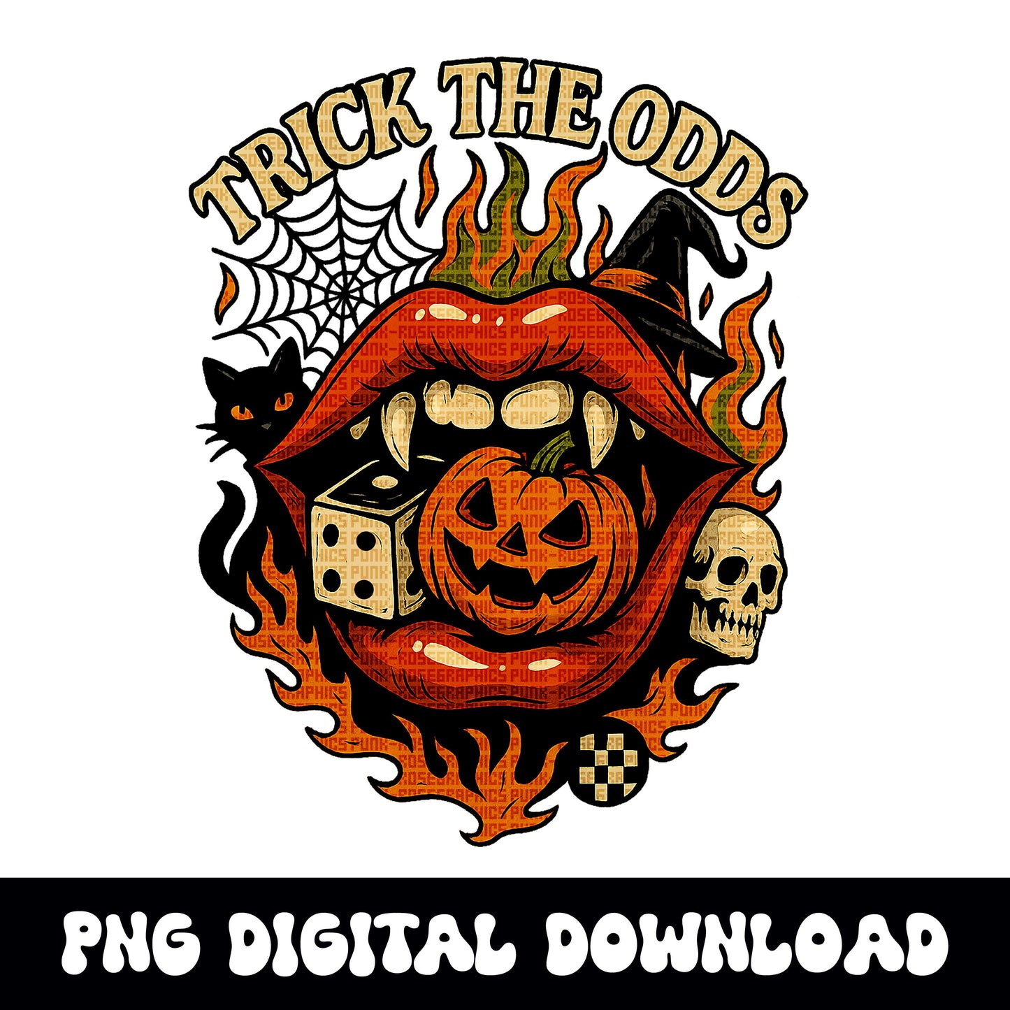 Halloween "trick the odds" vsmpire mouth dice pumpkin and witch PNG graphic INSTANT digital download for tshirt sublimation or dtf