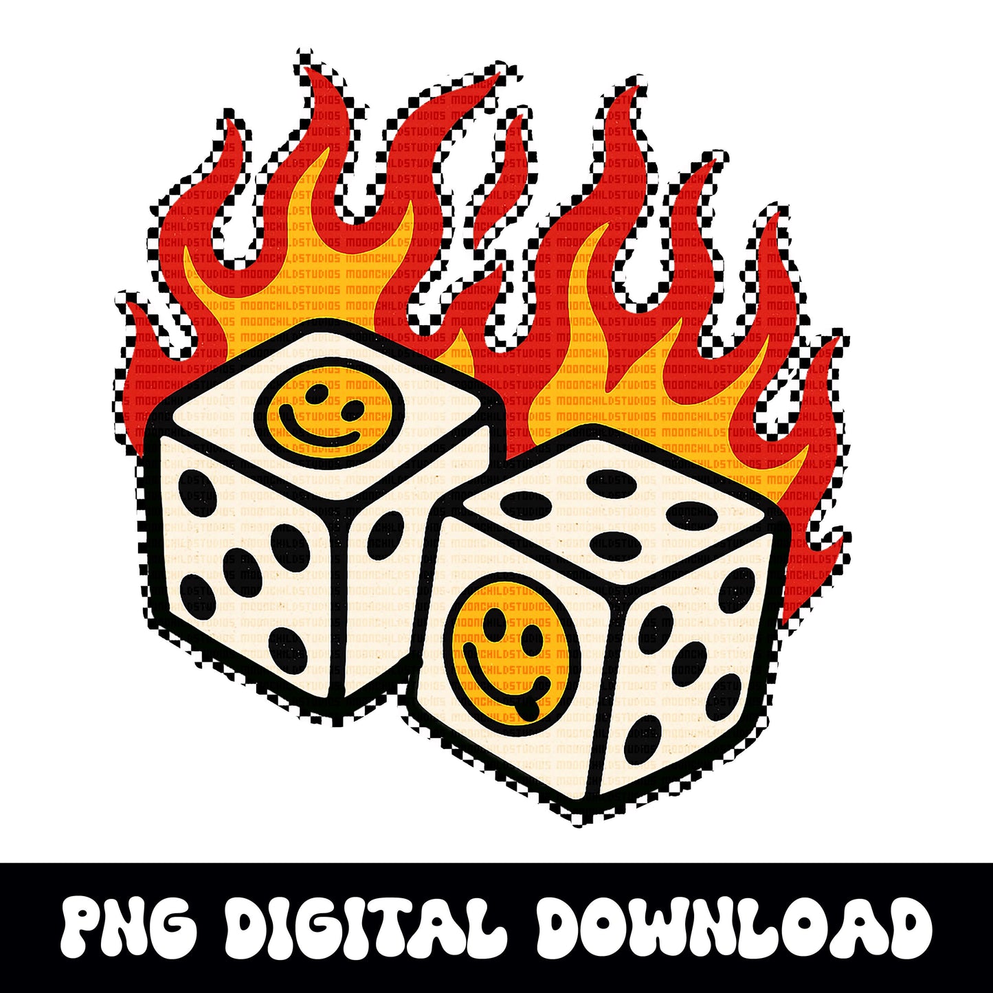 edgy flaming smiley face dice PNG graphic INSTANT digital download for tshirt sublimation or dtf