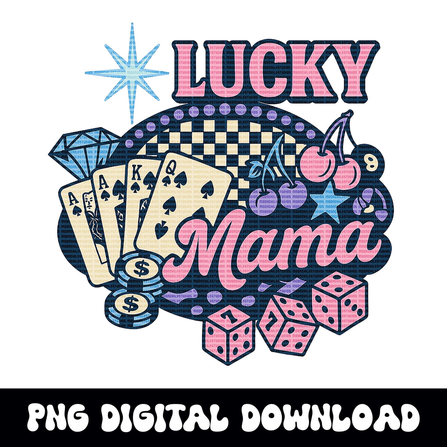 Trendy casino cherry "LUCKY MAMA" png graphic digital download for tshirt sublimation or dtf