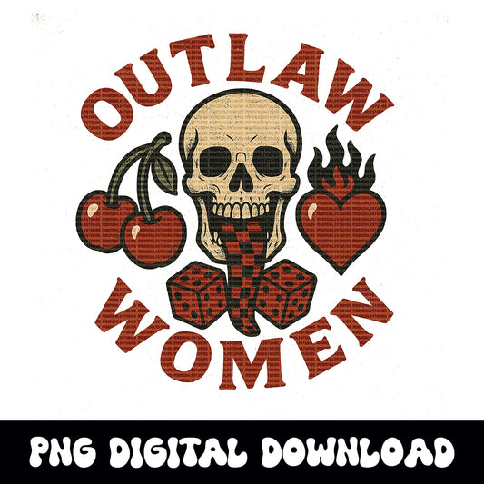 outlaw women flame checkered tongue skull cherry dice heart png graphic INSTANT digital download for tshirt sublimation or dtf