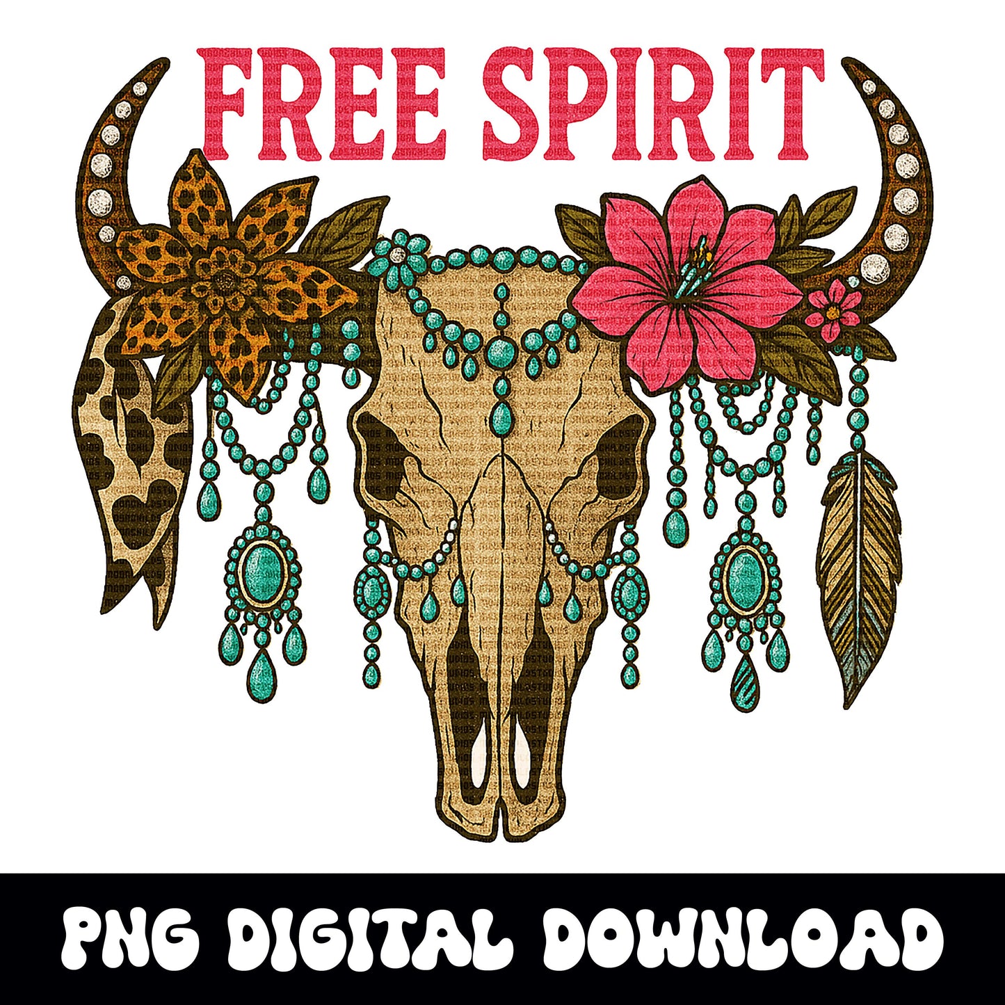 Edgy Summer Western bull skull free spirit hanging turquoise jewelry png graphic digital download for tshirt sublimation or dtf