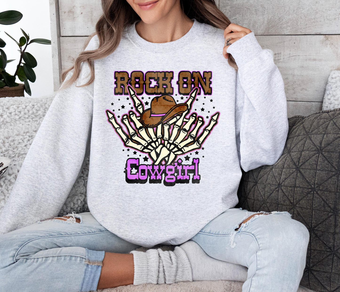 Rock on cowgirl western skeleton cowgirl hat vintage graphic png tshirt design