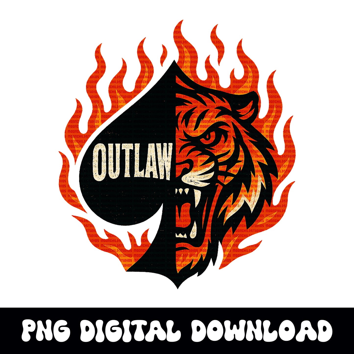 Edgy grungy Outlaw flaming spade tiger PNG graphic INSTANT digital download for tshirt sublimation or dtf