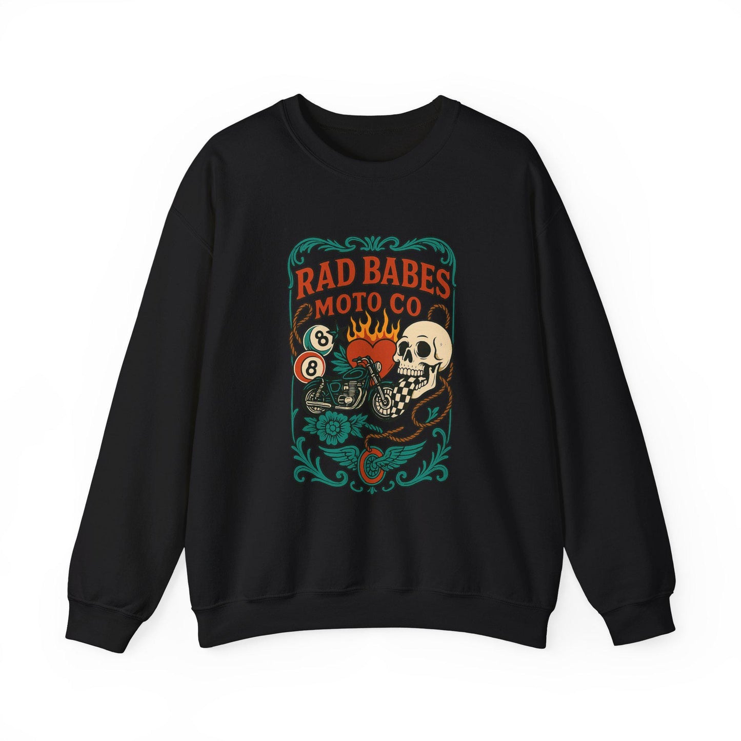 Rad babes moto co checkered mouth skull motorcycle 8ball heart png graphic digital download for tshirt sublimation or dtf