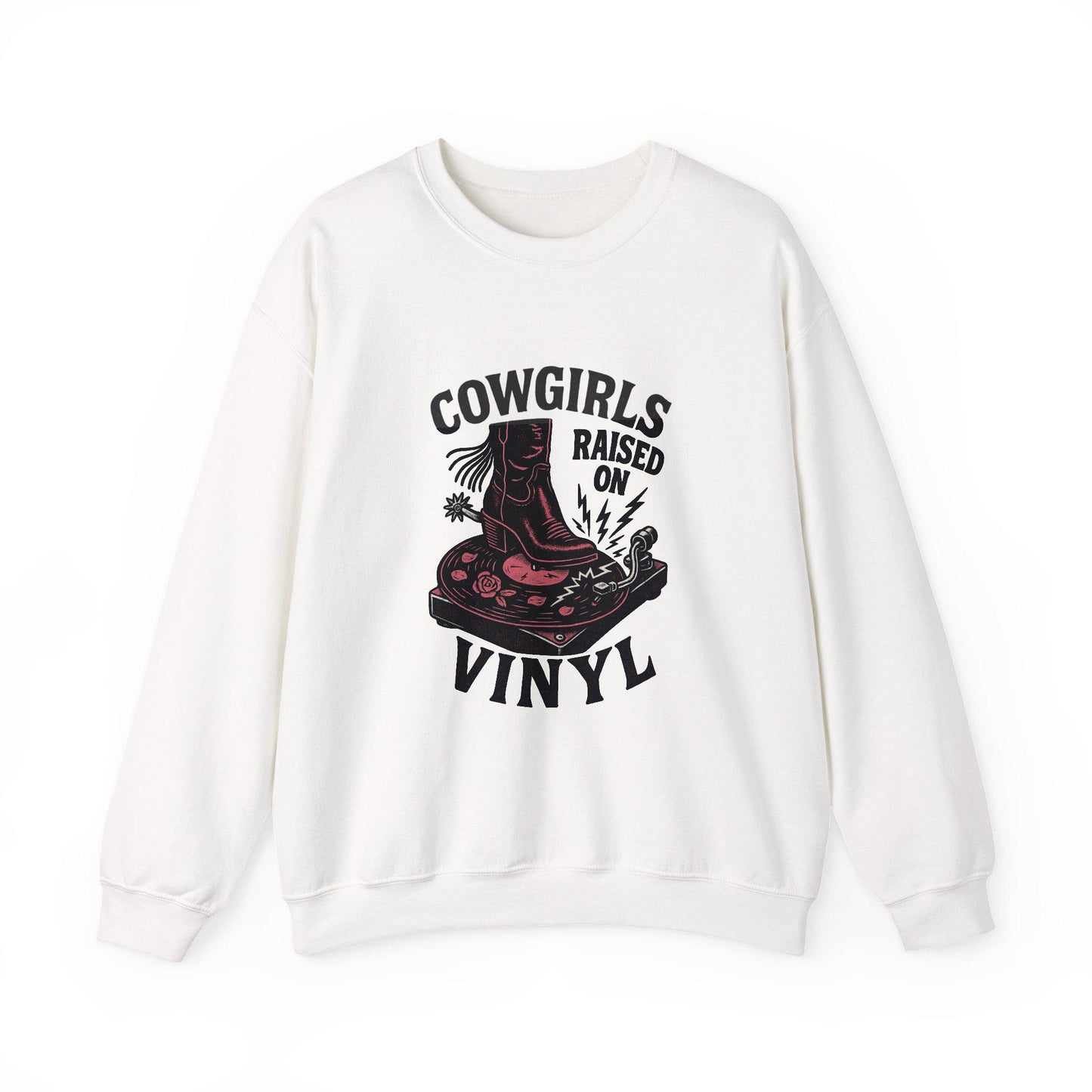 Western "cowgirls raised on vinyl" cowgirl boot and record player PNG graphic INSTANT digital download for tshirt sublimation or dtf