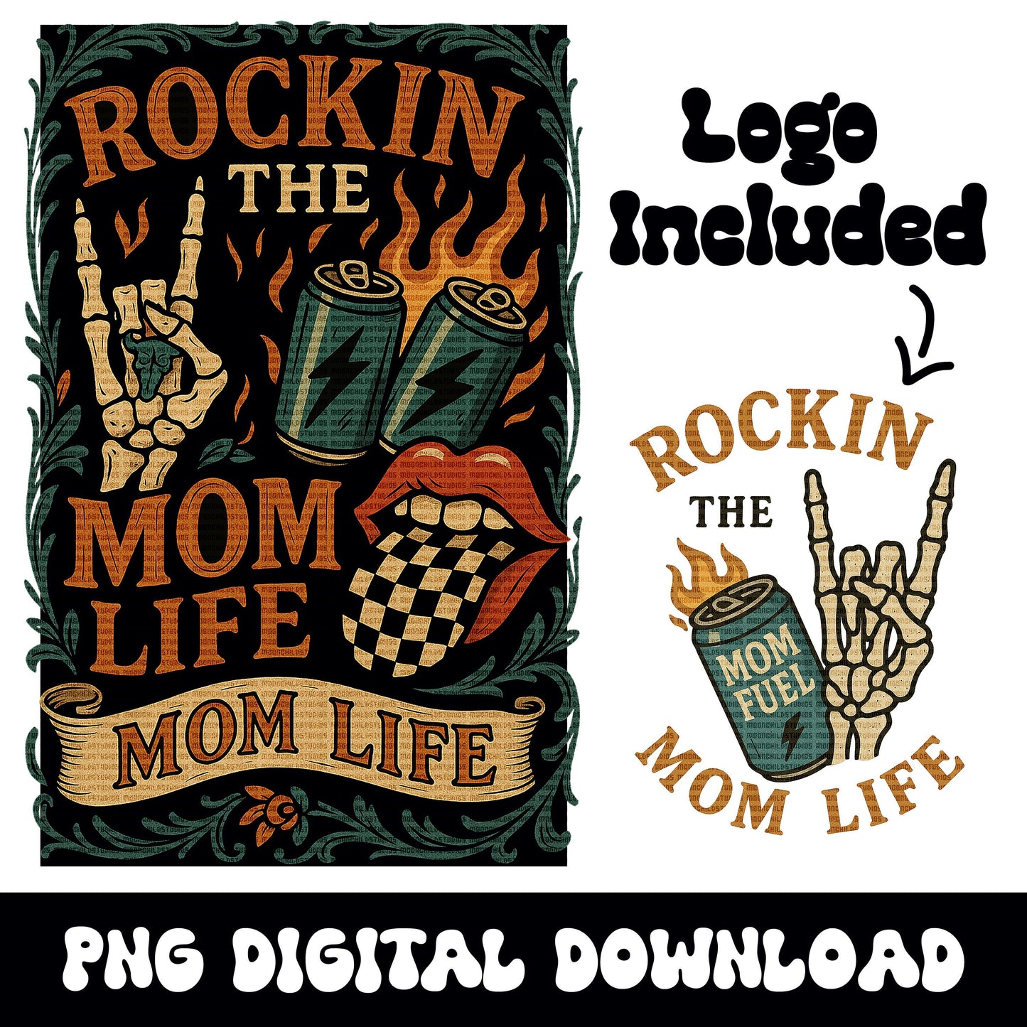 Edgy yallternative mama "rockin the mom life" skeleton mouth tongue flaming design png graphic digital download for sublimation or dtf
