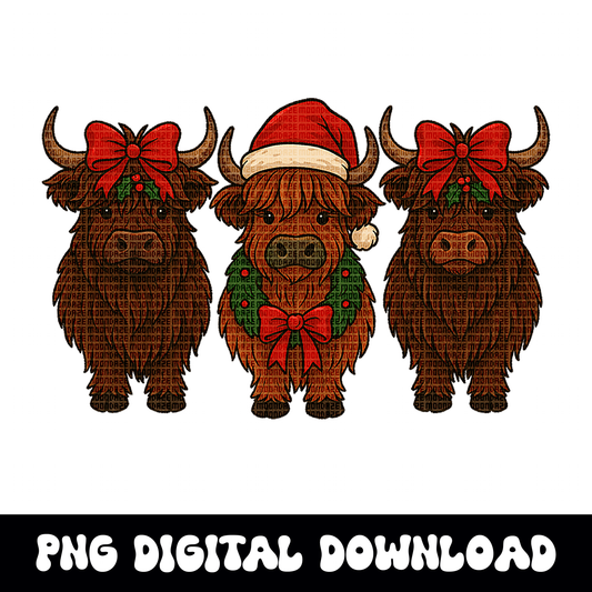 Christmas Highland Cow trio PNG | Cute Farm Cow Christmas Shirt Design | Festive Santa Hat Cows Sublimation | Holiday Farm Animal Clipart