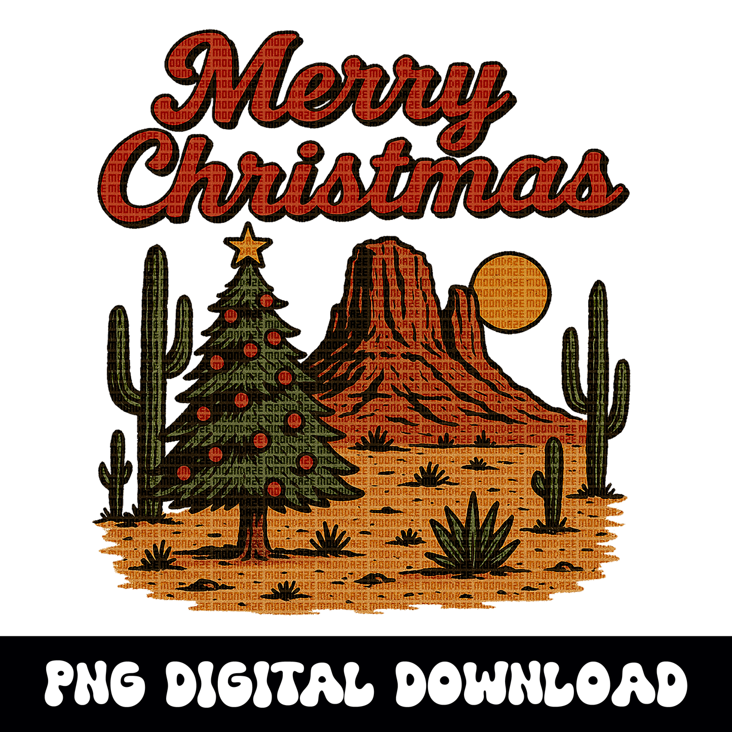 Western Merry Christmas PNG | Desert Cactus Holiday Graphic | Retro Country Christmas Tree Design | Rustic Cowboy Christmas Sublimation