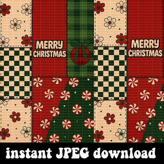 Retro Christmas Patchwork Seamless Pattern | Vintage Holiday Checker & Peppermint Digital File | Red Green Christmas seamless Design