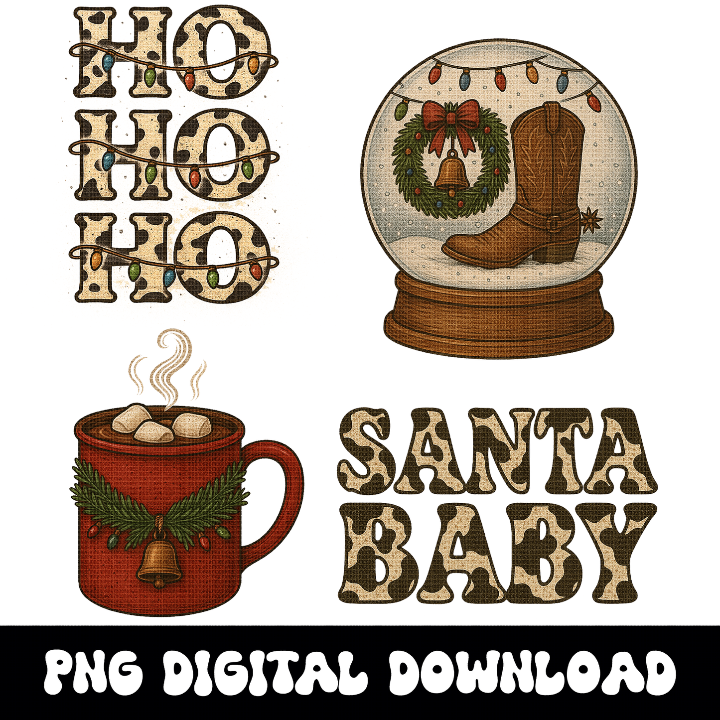 Western Christmas Clipart Bundle | Cowprint Santa PNG Pack |Retro Country Cowboy Christmas Graphics | Tooled Leather Christmas Ornaments |