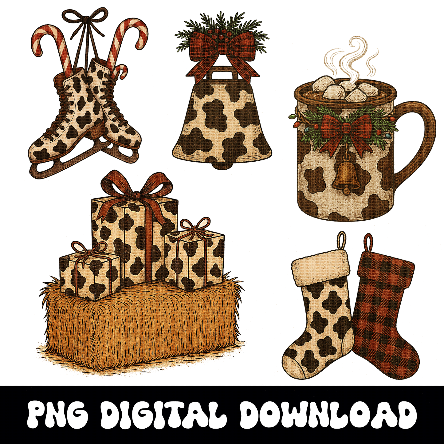 Western Christmas Clipart Bundle | Cowprint Santa PNG Pack |Retro Country Cowboy Christmas Graphics | Tooled Leather Christmas Ornaments |