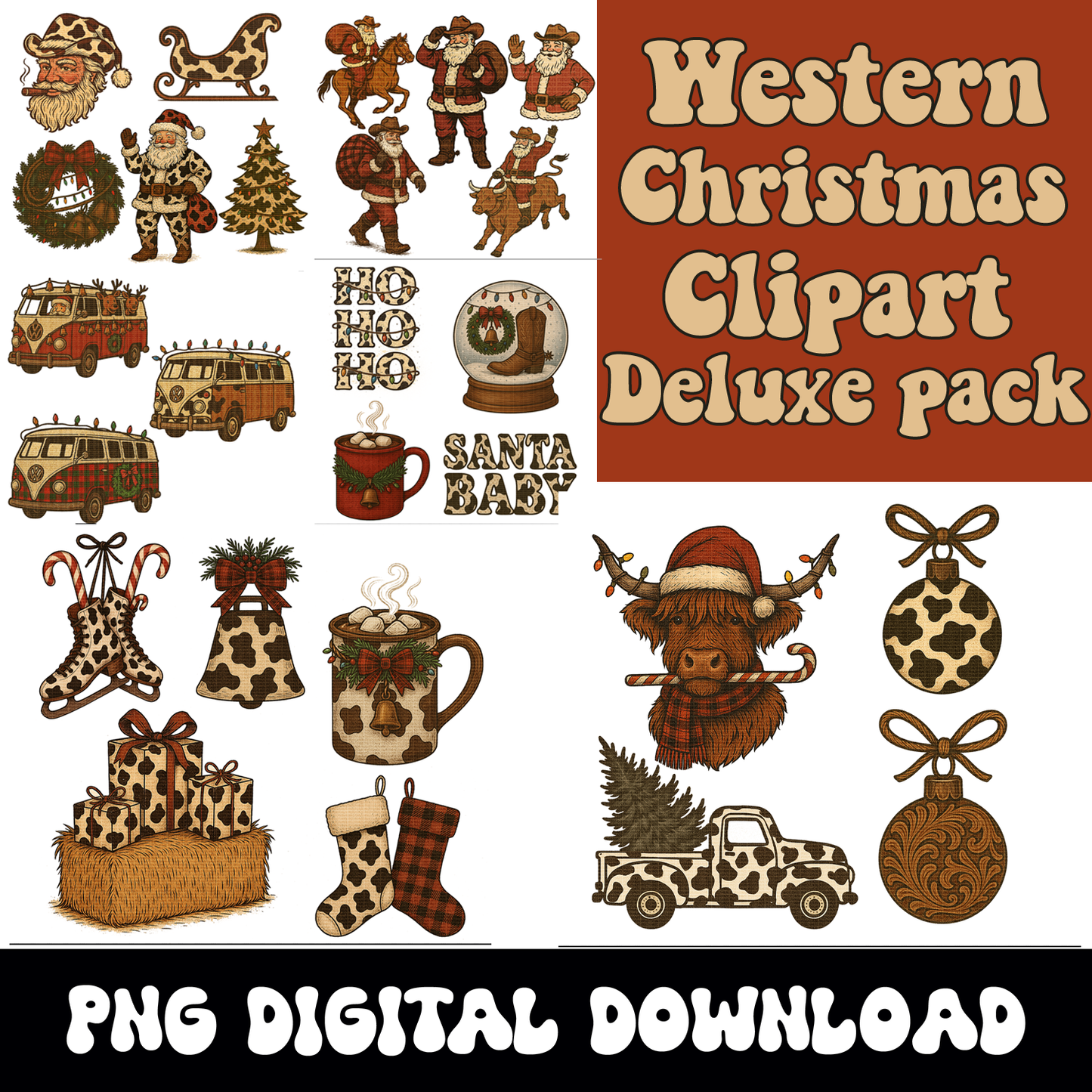 Western Christmas Clipart Bundle | Cowprint Santa PNG Pack |Retro Country Cowboy Christmas Graphics | Tooled Leather Christmas Ornaments |