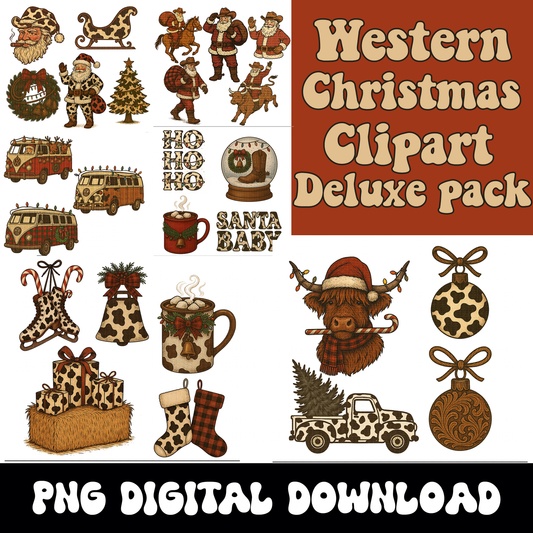 Western Christmas Clipart Bundle | Cowprint Santa PNG Pack |Retro Country Cowboy Christmas Graphics | Tooled Leather Christmas Ornaments |